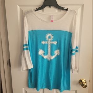 No Boundaries Blue and White Anchor Graphic Long Sleeve Top